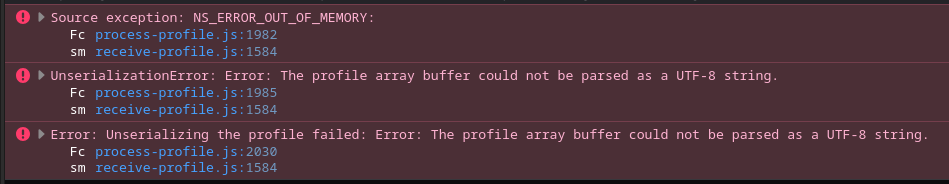Screenshot of console error messages. The first reads reads NS_ERROR_OUT_OF_MEMORY. The two others say the array buffer couldn't be parsed as UTF-8.