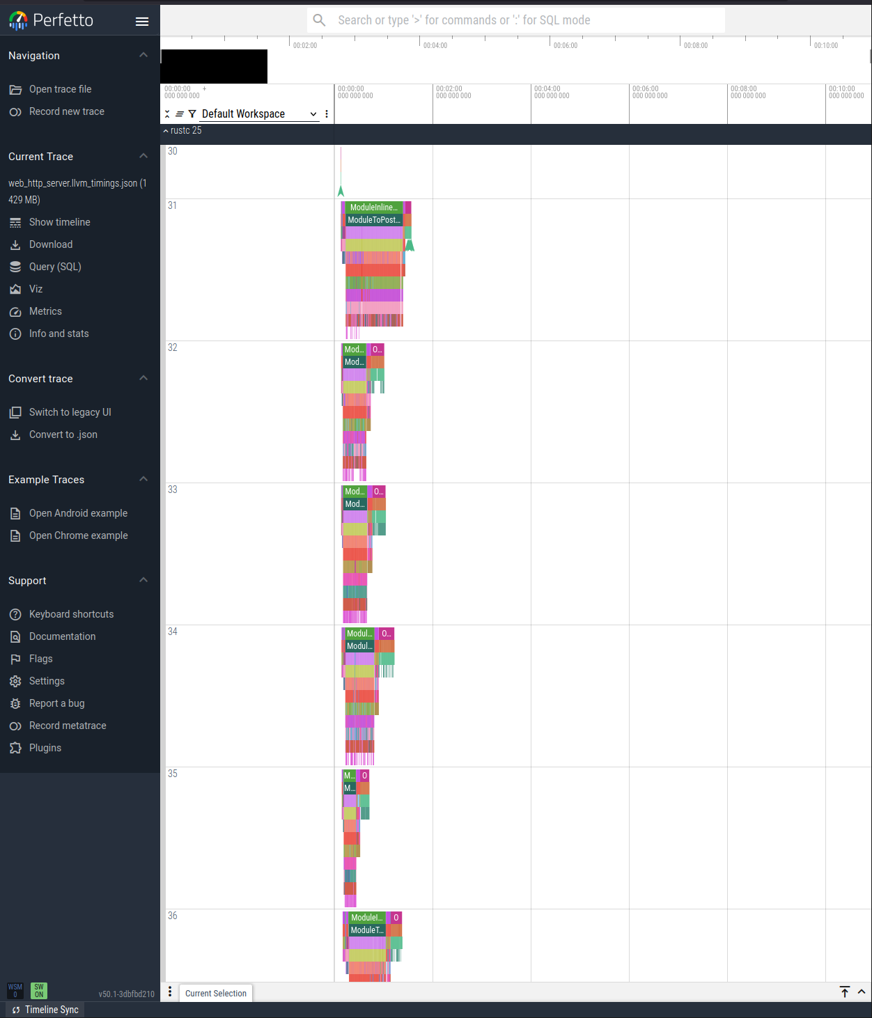 Screenshot of the perfetto UI, showing a few rows of vibrantly colored flamegraphs